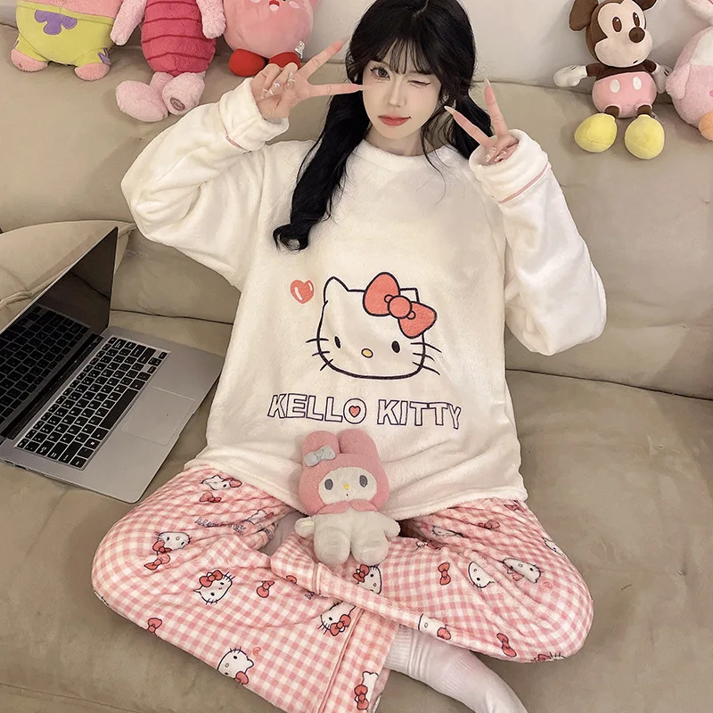 

2Pcs Cartoon Kittys Women Parent-Child Plush Pajamas Suit Anime Thick Autumn Winter Comfort Students Keep Warm Pajamas Homewear