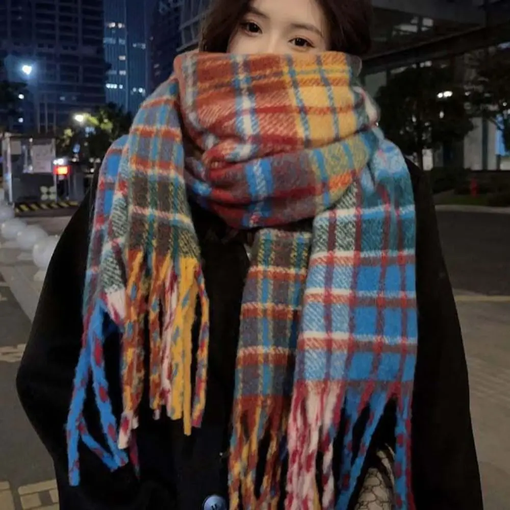 Bufanda clásica de lana a cuadros con borlas, chal de Cachemira de felpa, Mantón largo, bufandas de estilo coreano de Color sólido, capa para estudiantes
