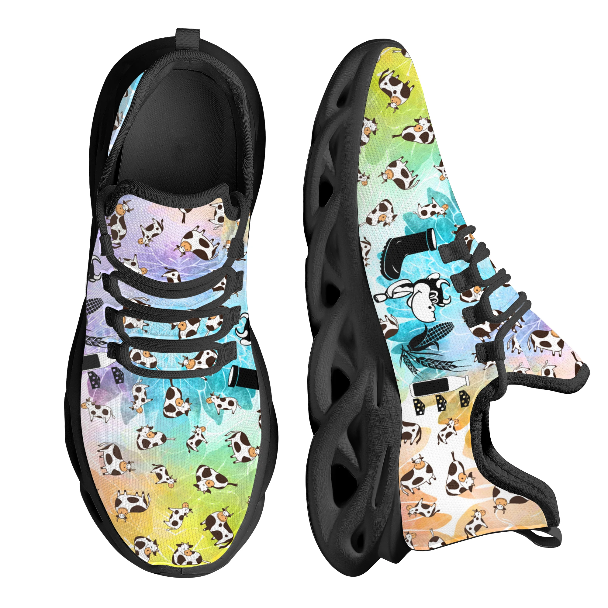 

INSTANTARTS Hot Cartoon Cow Platform Sneakers Women's Colorful Watercolor Sneakers Comfortable Knitted Shoes Animal Footwear