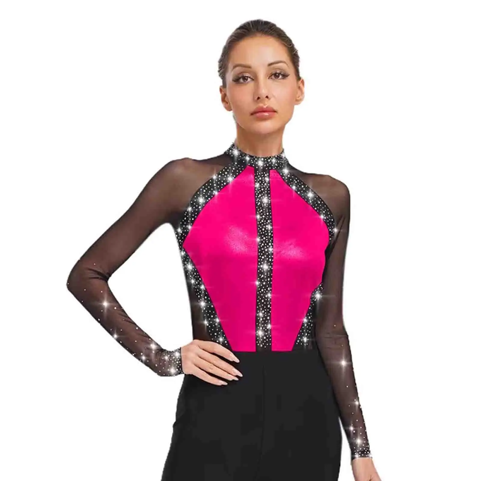 

Women Gymnastics Acrobatics Dance Jumpsuit Sparkling Rhinestones Full Body Leotard Sheer Mesh Long Sleeve Sport Workout Bodysuit