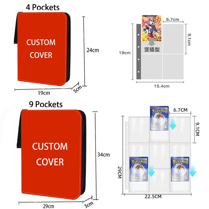Pasta de cartões de capa personalizada, 9 bolsos, zíper, porta-cartões de negociação, coletor de cartas de anime com 50 páginas internas, suporte de até 900 cartões