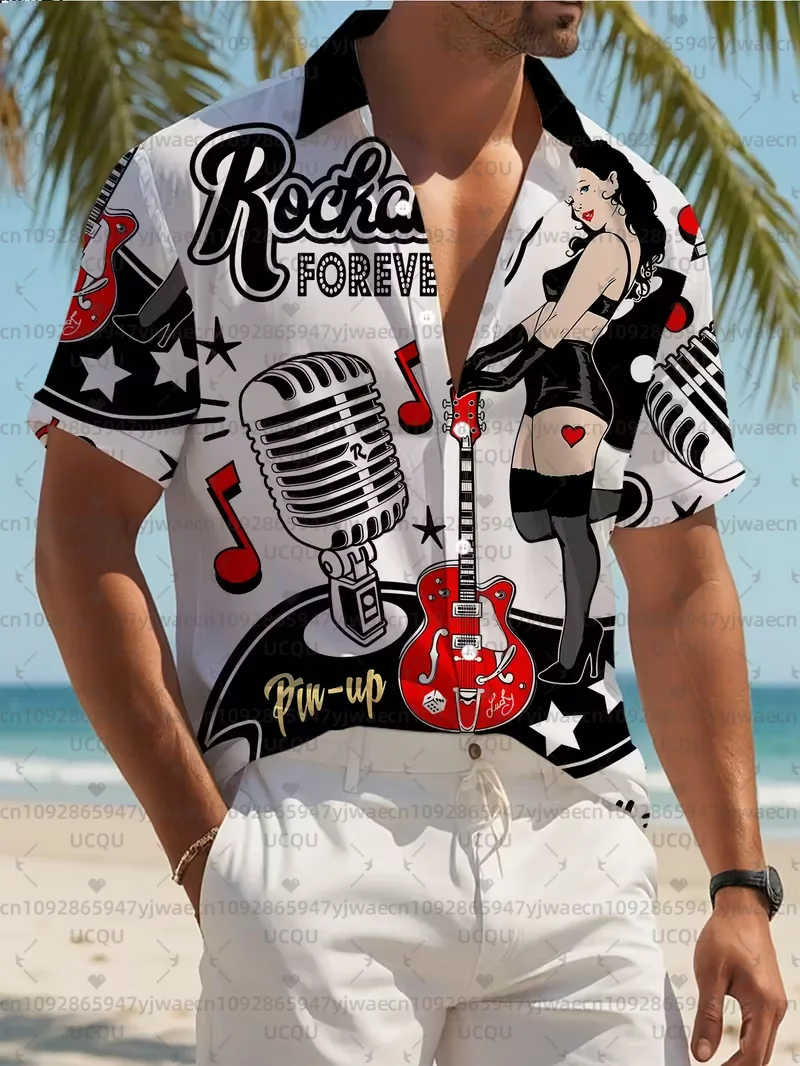 

Летние мужские блузки с короткими рукавами в стиле гавайского рок-н-ролл, пляжные рубашки, повседневная рубашка на пуговицах с лацканами, мужская одежда