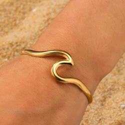 Aomogo Stainless Steel Bangles European and American Simple Wave Swirl Opening Adjustable Bangles Ladies Jewelry Party Matching