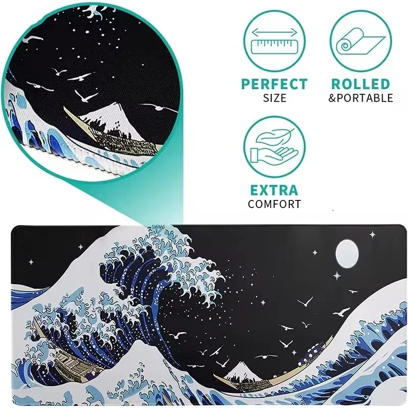 Gaming Laptop Mouse Pad Sea Wave Big Mice Pads PC Keyboard and Non-Slip Rubber Table Mat  Surfing and Black Japanese