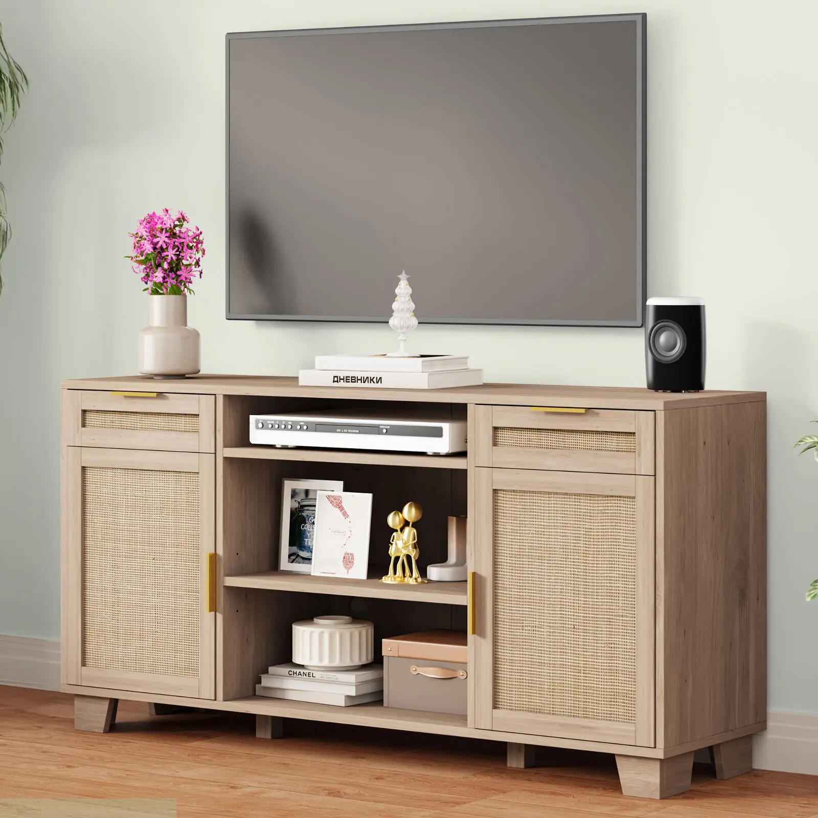 

TV Stand 58" Rattan Console Modern Cabinet w/2 Drawers for 55 65"