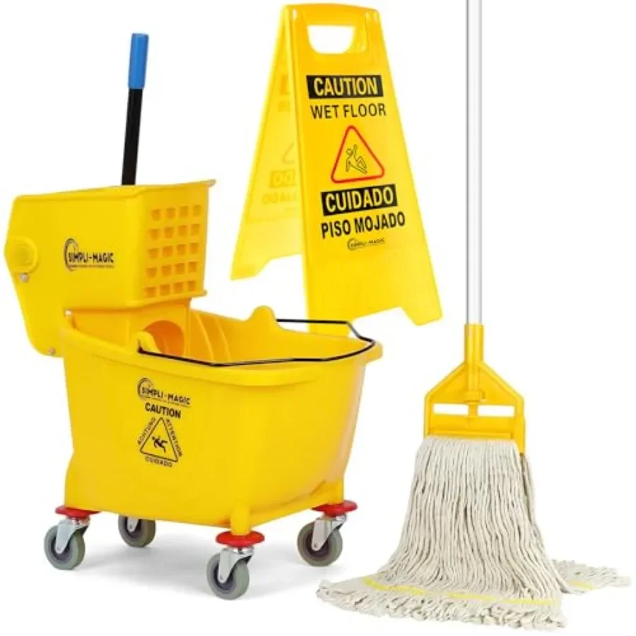 

Side Press Wringer Combo Commercial Mop Bucket on Wheels, 35 Quart, , Including Wet Floor Caution Sign and Set, Polyethylene