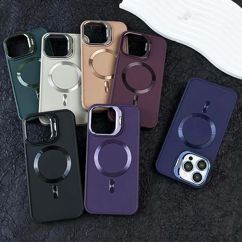 

Metal Lens Bracket Magnetic Phone Case For iPhone 12 13 14 15 16 Pro Max 16 Plus MagSafe Wireless Charge Holder Hard Phone Cover
