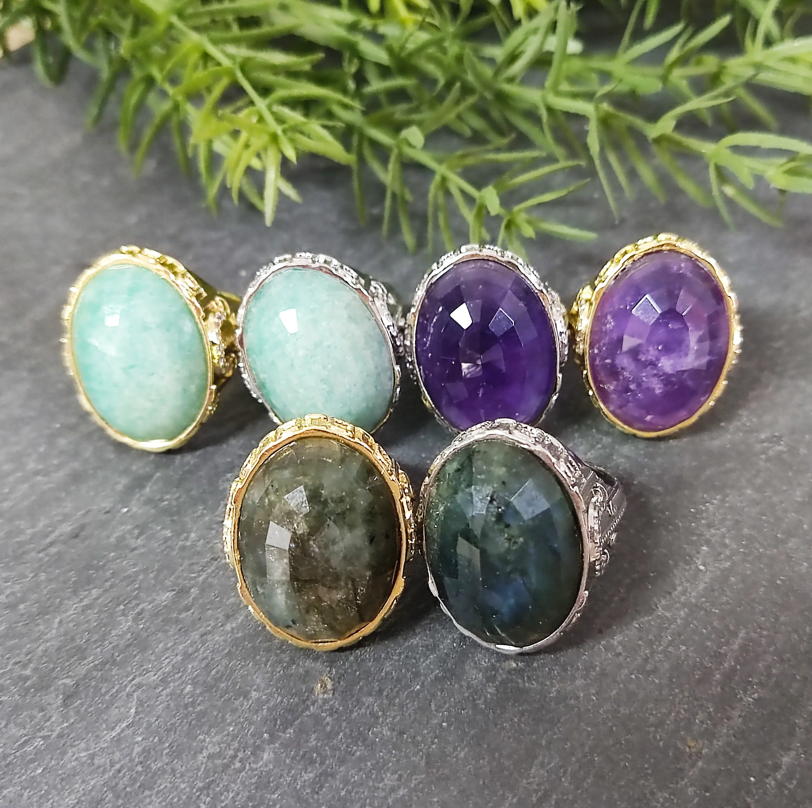 Large Round Crystal Ring, Amethyst Amazonite Labradorite Bohemia Jewelry, Unisex Ring, Couple Jewelry Gift