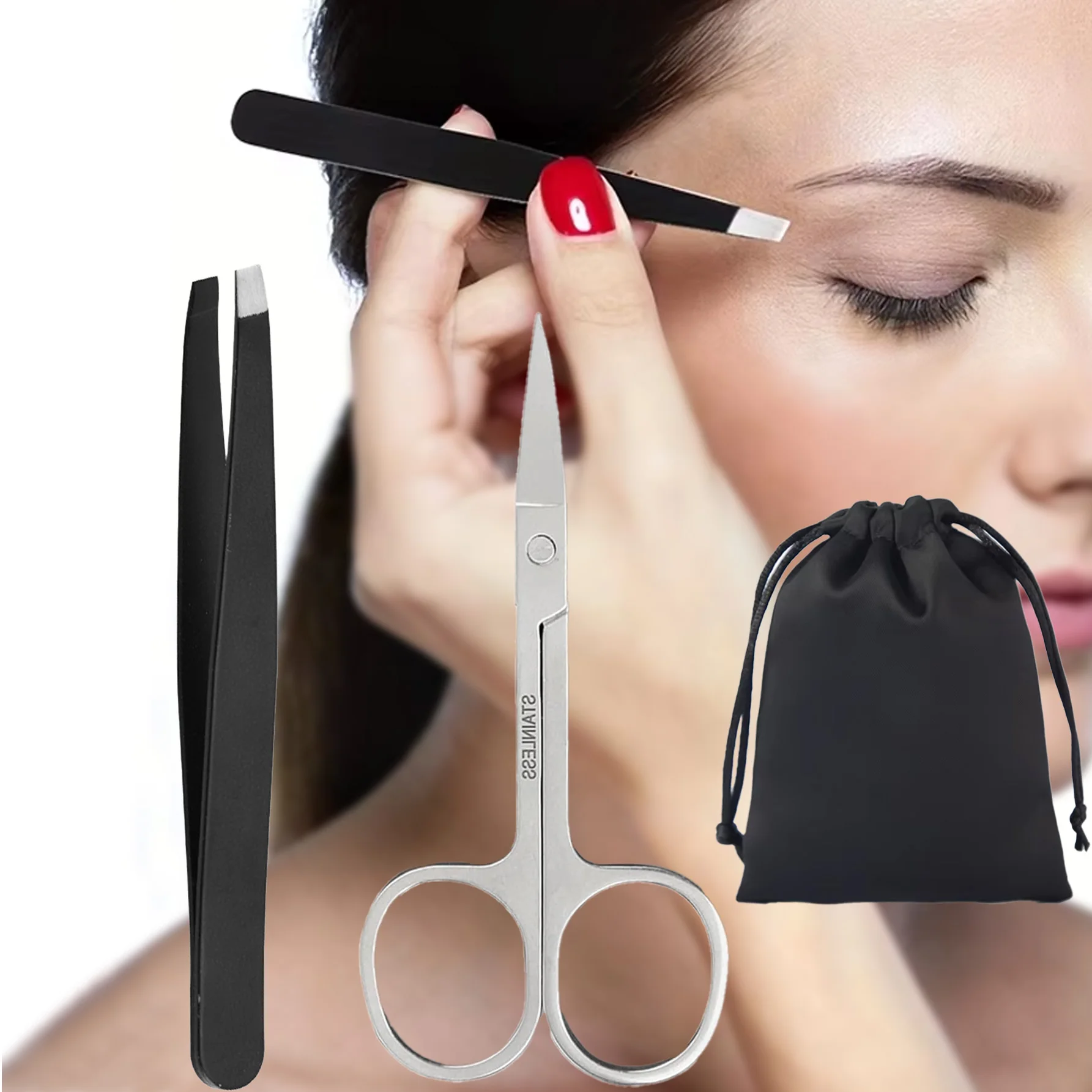 Zestaw pęset i nożyczek ze stali nierdzewnej z czarną torbą z tkaniny, skośne końcówki do przycinania brwi, do usuwania włosów z twarzy, nosa i zaskórników.