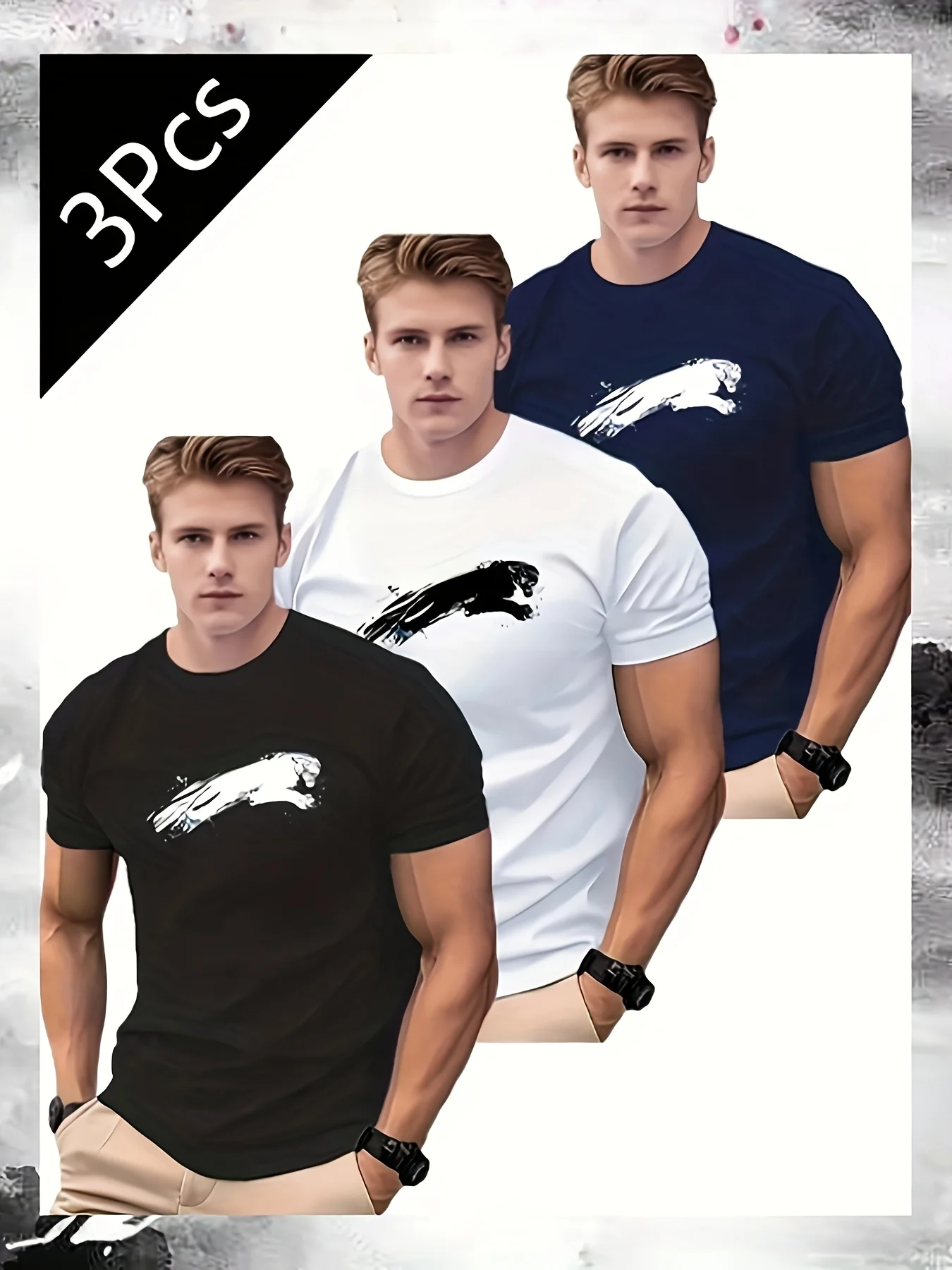 

3-Pack Men's Creative Leopard Print Cotton T-Shirt, Navy Blue Black White, Easy Care Basic Style, Suitable for All Seasons