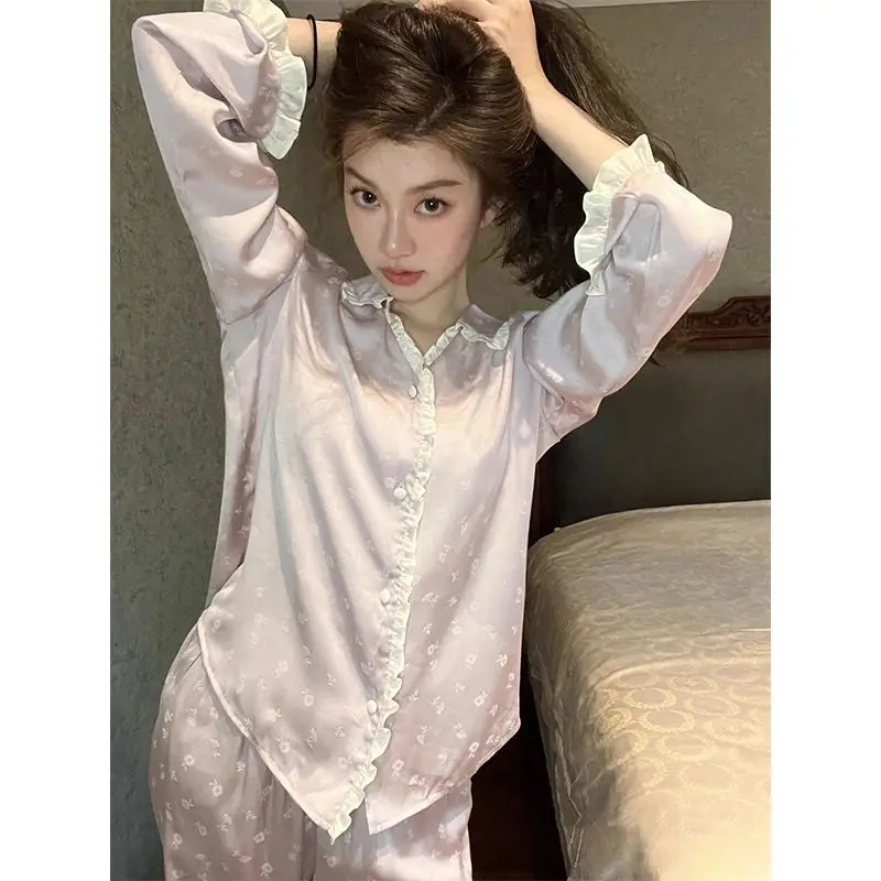 

Комплект шелковых пижам Pjs Setice для женщин: модный домашний костюм с длинными рукавами для весны и лета