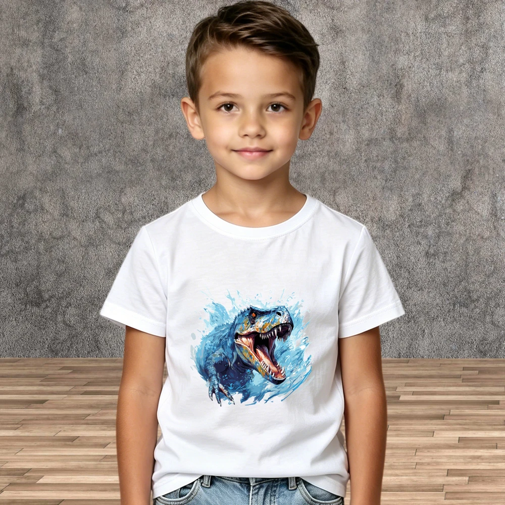 Round Neck Boys Dinosaur Cotton Tee Children Casual Cartoon Short Sleeve Tops