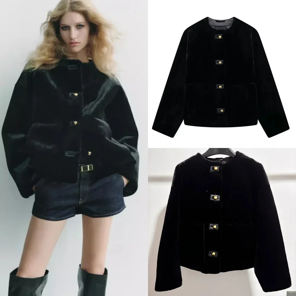 

2024, новая зимняя женская куртка с круглым вырезом и длинными рукавами, черная куртка из искусственного меха, темперамент, универсальное украшение на пуговицах