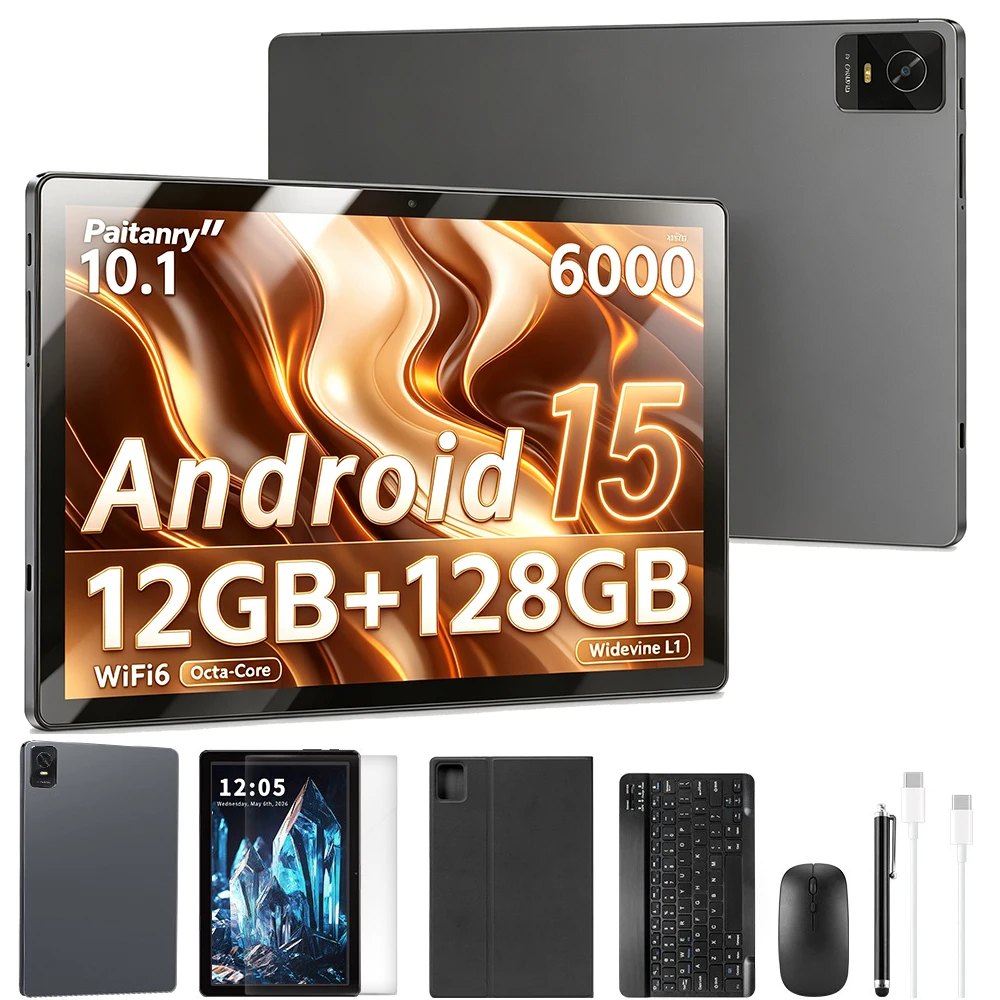 Paitanry 10 Zoll Android 15 Tablet-PC Octa-Core 12GB (6+6GB erweiterbar) RAM 128GB ROM erweiterbar auf 1TB 6000mAh Akku Dual-Band 5GHz WiFi 6 Bluetooth 5.0 5MP+13MP Dual-Kamera Incell HD