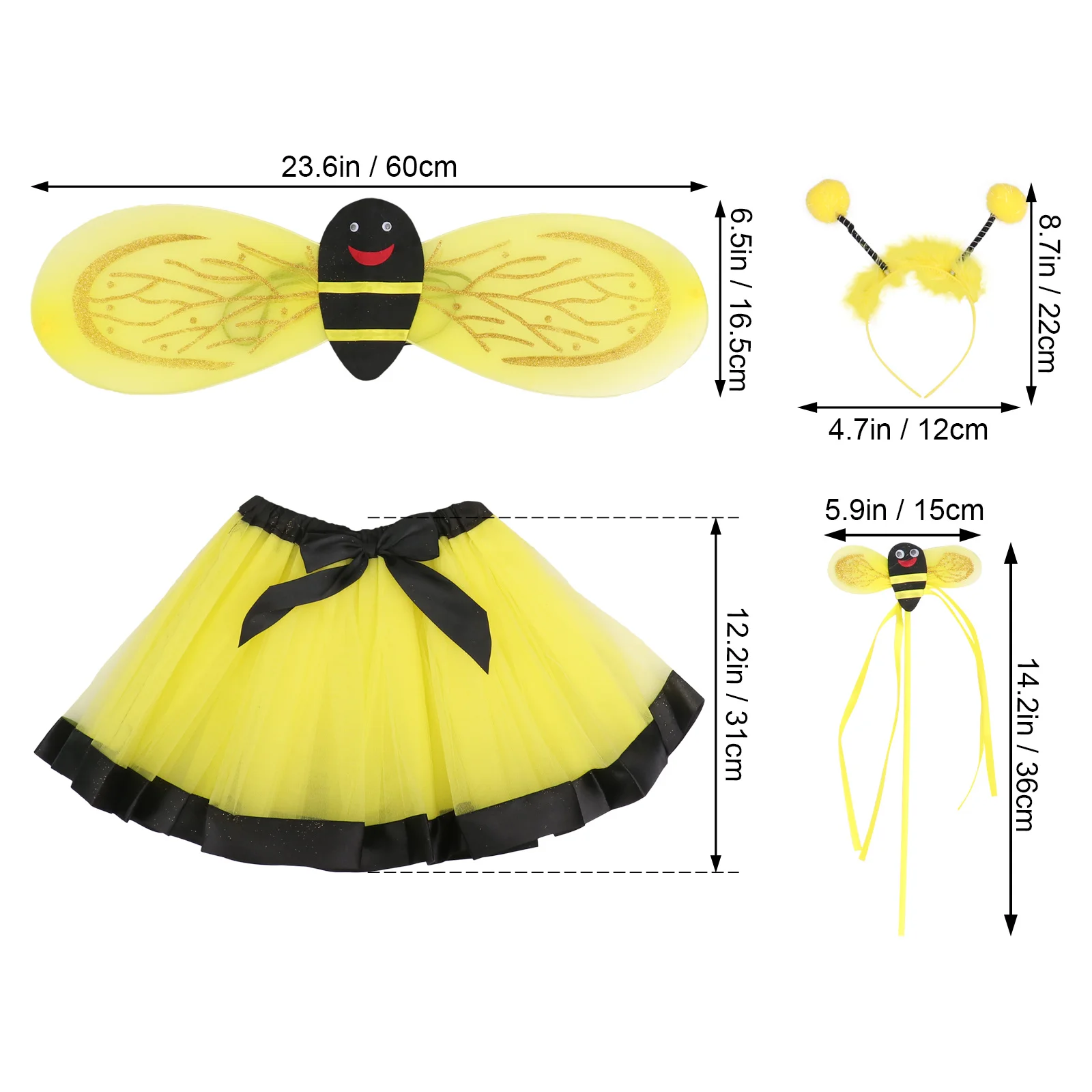 1Set Festival Bee Wing-kostuum Kinderen Mesh Rok Party Cosplay Decor Geel Modieus Kleuraanpassing Eenvoudig comfortabel dragen