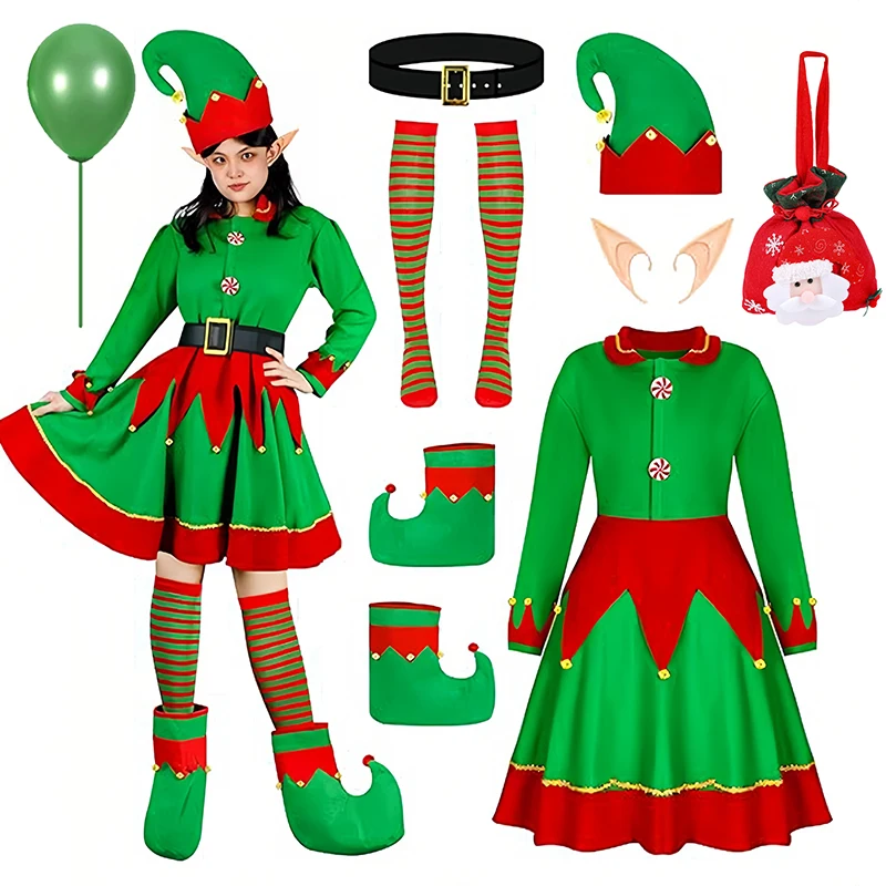 2-12Y Girls Christmas Elf Costume Dress Velvet Elf Dress Up Santa Helper Costume 2025 New Year Stock Hat Belt Xmas Party Dress