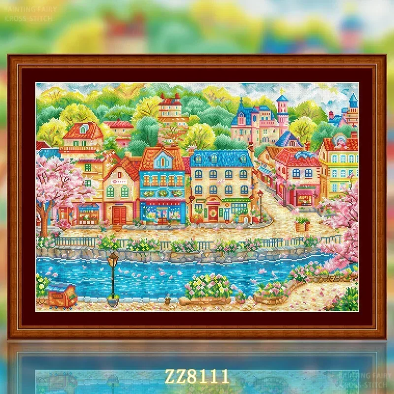 【ZZ8111 - The Town in the Fairy Tale】 Stamped Cross Stitch Kit 11/14/16/18CT Printed Canvas Cotton Threads Embroidery Wall Decor