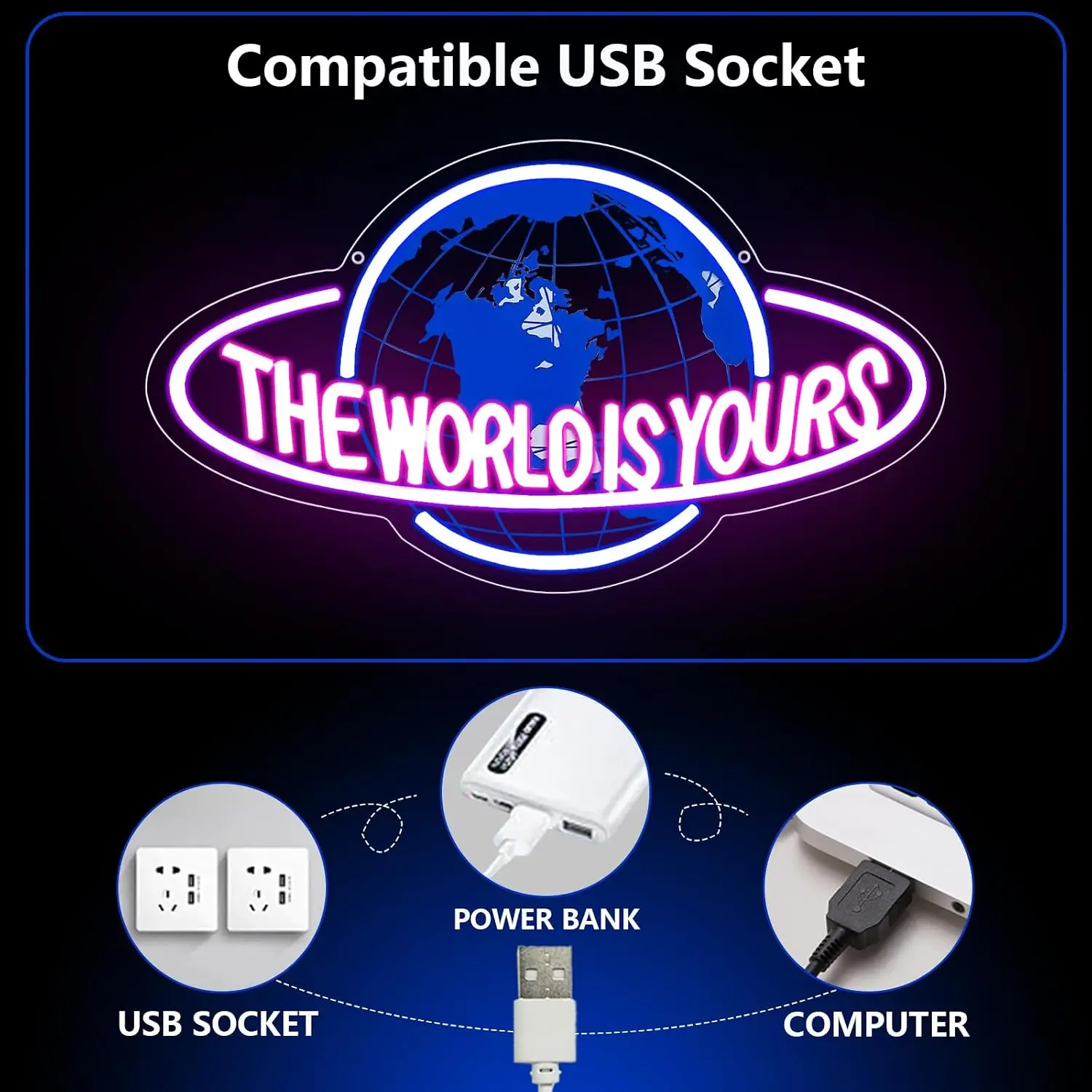 The World is Yours Neon Sign USB Powered LED Neon Light for Game Room Bar Party Bedroom Decoration Birthday Christmas Gift - view 4
