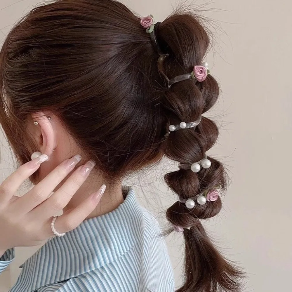 

Sweet Rose Bead Rubber Band Charming Braided Style Telephone Line Hair Tie Flowers High Elasticity Ponytail Braid Hair Rope