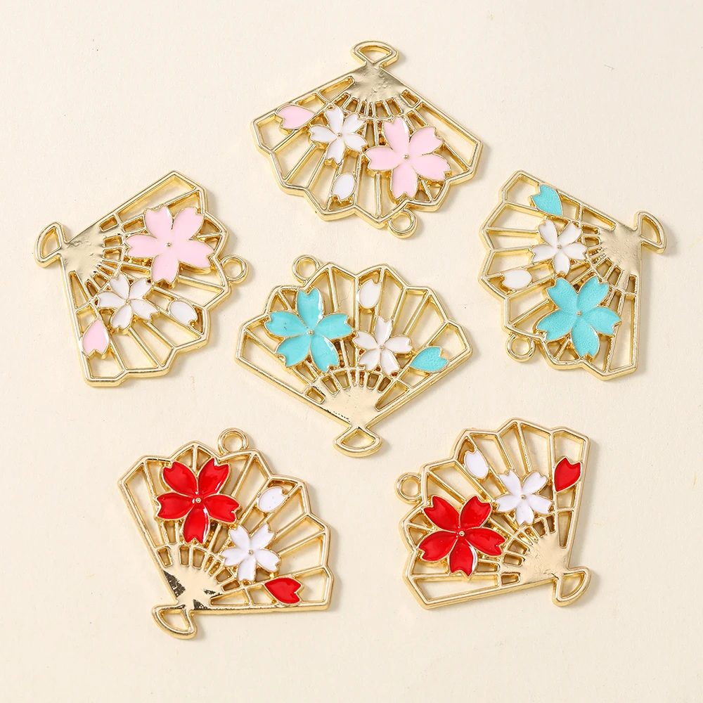 10 Stück 30*26mm Emaille-Blumenfächer-Anhänger für Halsketten, Ohrringe, DIY Bunte Fächer-Charms, Handgefertigte Schmuckherstellung