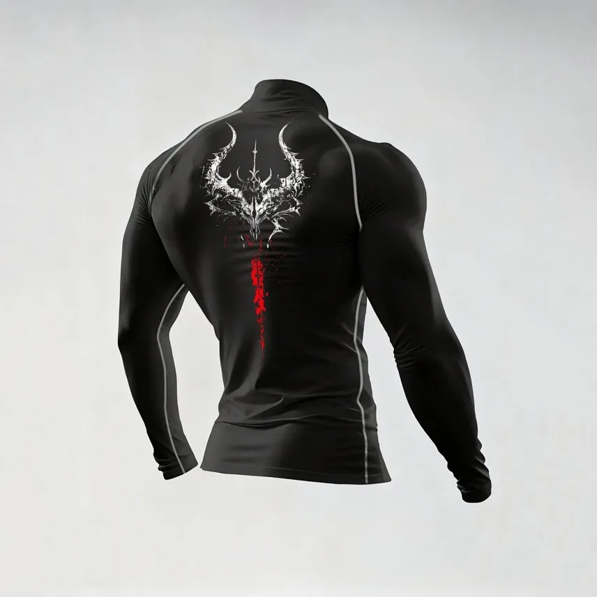 Dunkles Gothic-Sport-Kompressionsshirt mit Dämonen-Totem-Aufdruck, Stehkragen, für Männer, zum Gewichtheben und Laufen, Langarm-Sportbekleidung – Detail 5