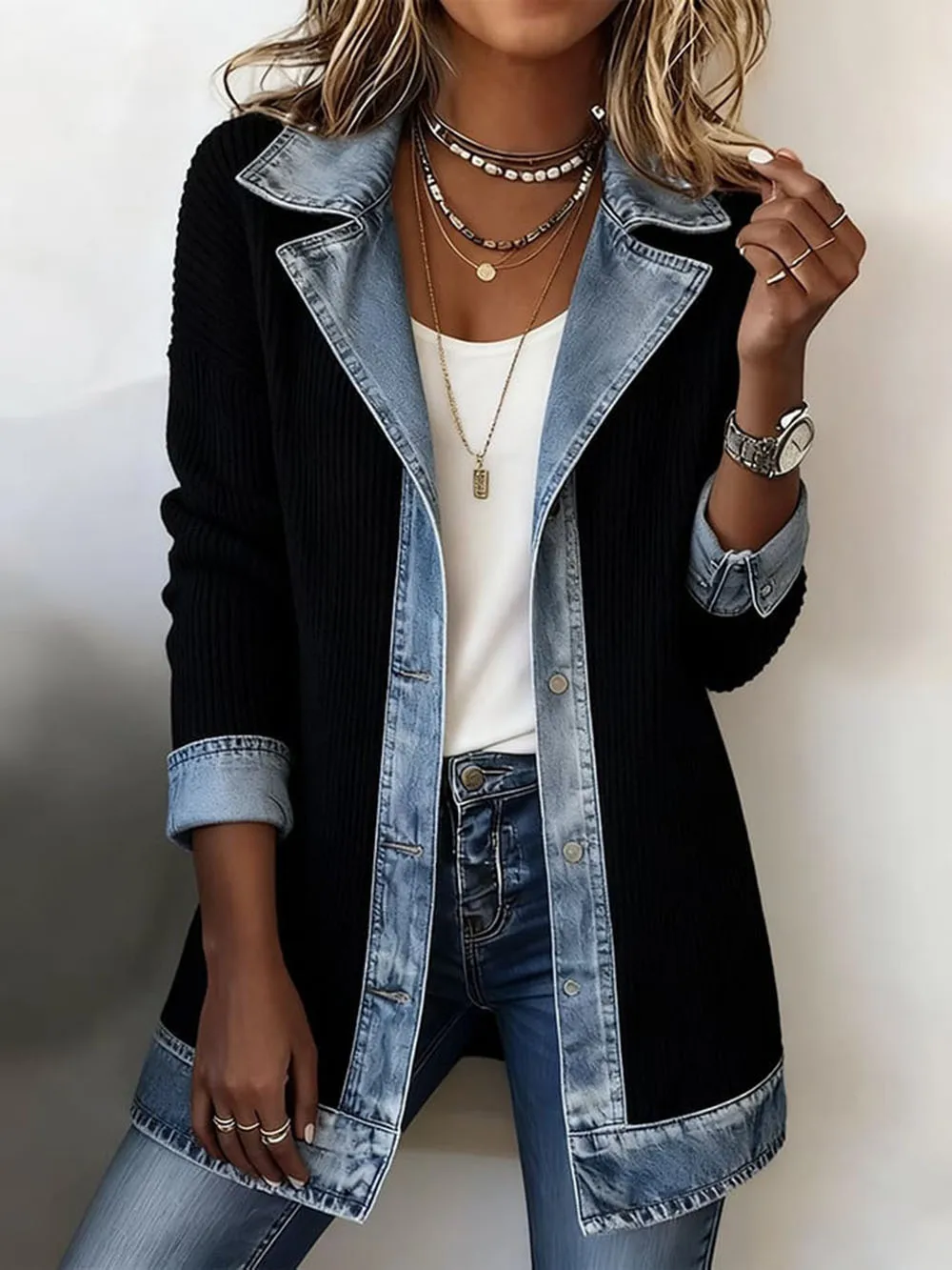 

New Denim Patchwork Design Womens Coat Color Block Design Lapel Cardigan New Spring Summer Fitted Silhouette Long Sleeve Top