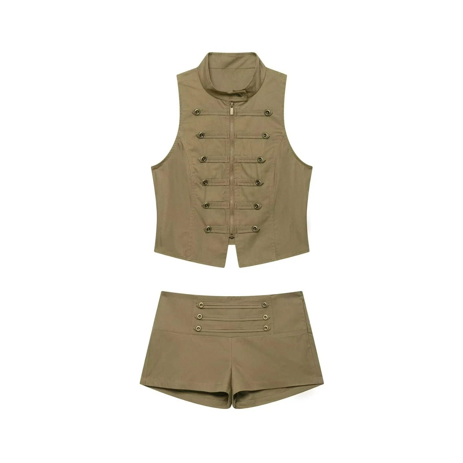 KONDALA Damen Vintage Trendy Shorts-Set mit Knöpfen, O-Ausschnitt, ärmellosem Reißverschluss-Top und Mini-Shorts – Neue Mode 2026 Sommer Casual Damen-Set – Detail 3