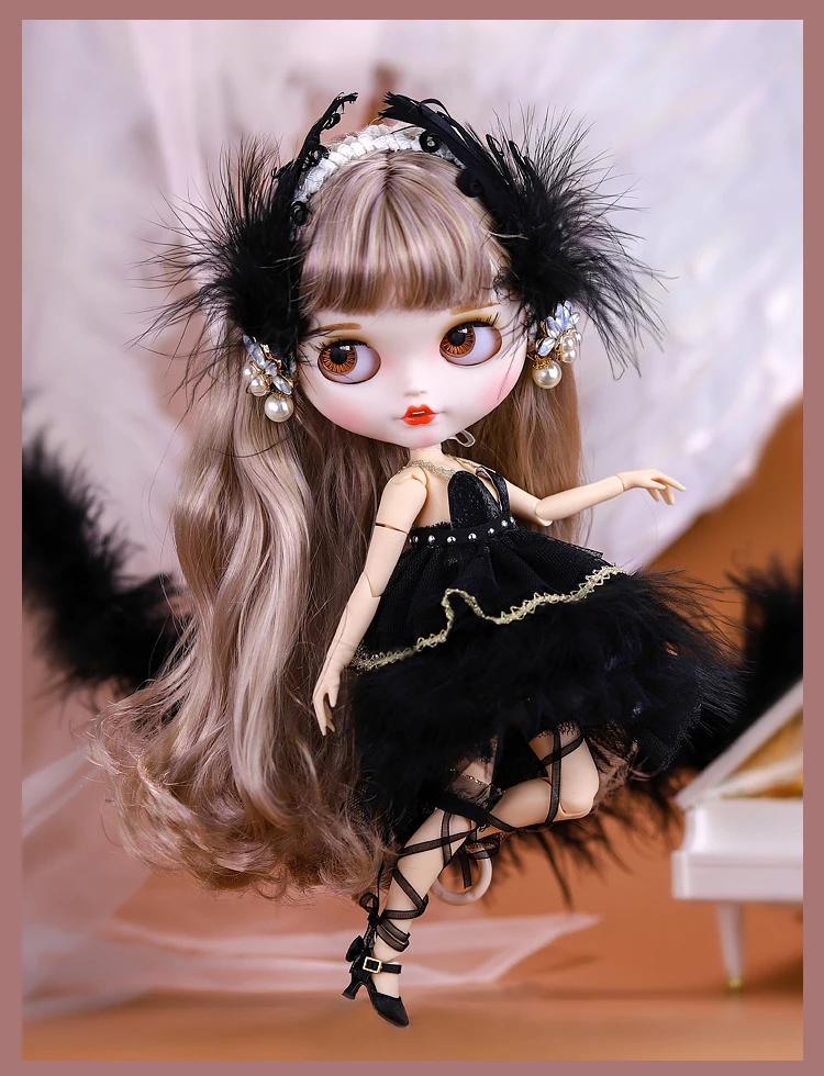 Blythes Doll dress size 1/6 OB24 New Halloween dress Black lace fluffy swan headdress + top + skirt + leg embellishments 30CM