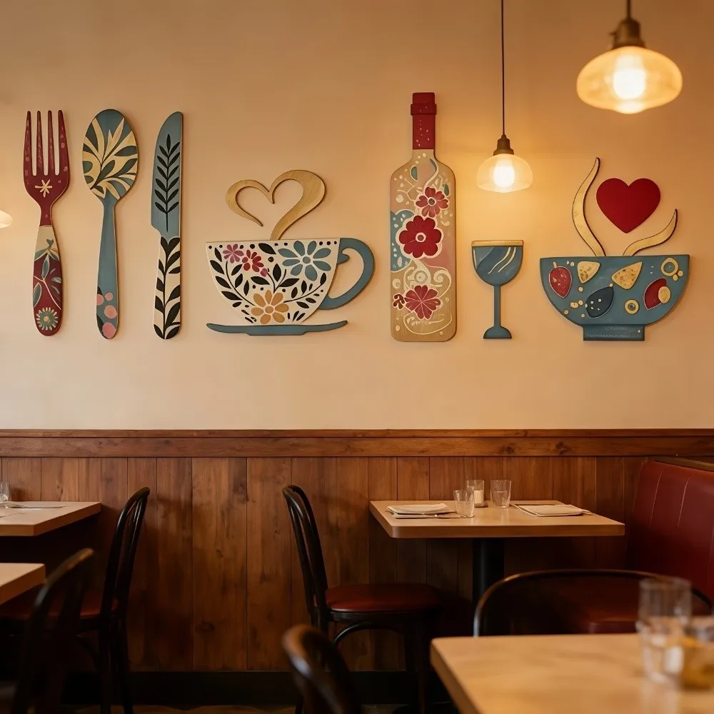 Vintage Wood Floral Kitchen Utensil Pendant Coffee Cup Wine Bottle Hand-painted Dining Room Wall Decor Set Farmhouse Style