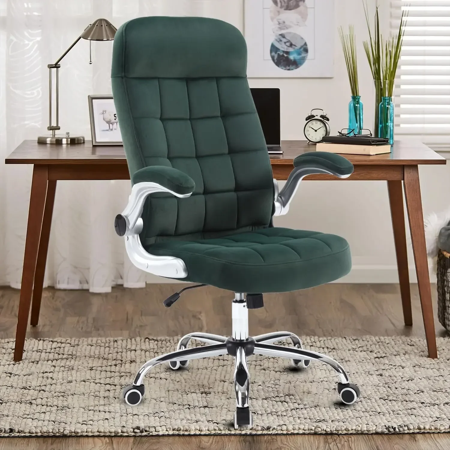 

High Back Fabric Office Chair, Velvet Executive Desk Chair with Flip-Up Arms, Ergonomic Office Chairs with Lumbar Support.