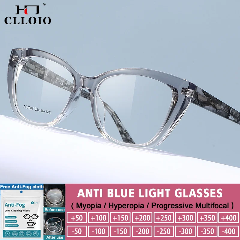 

CLLOIO Anti Blue Light Reading Glasses Women Cat Eye Optical Frame Trendy Myopia Progressive Eyeware Can Customized Prescription