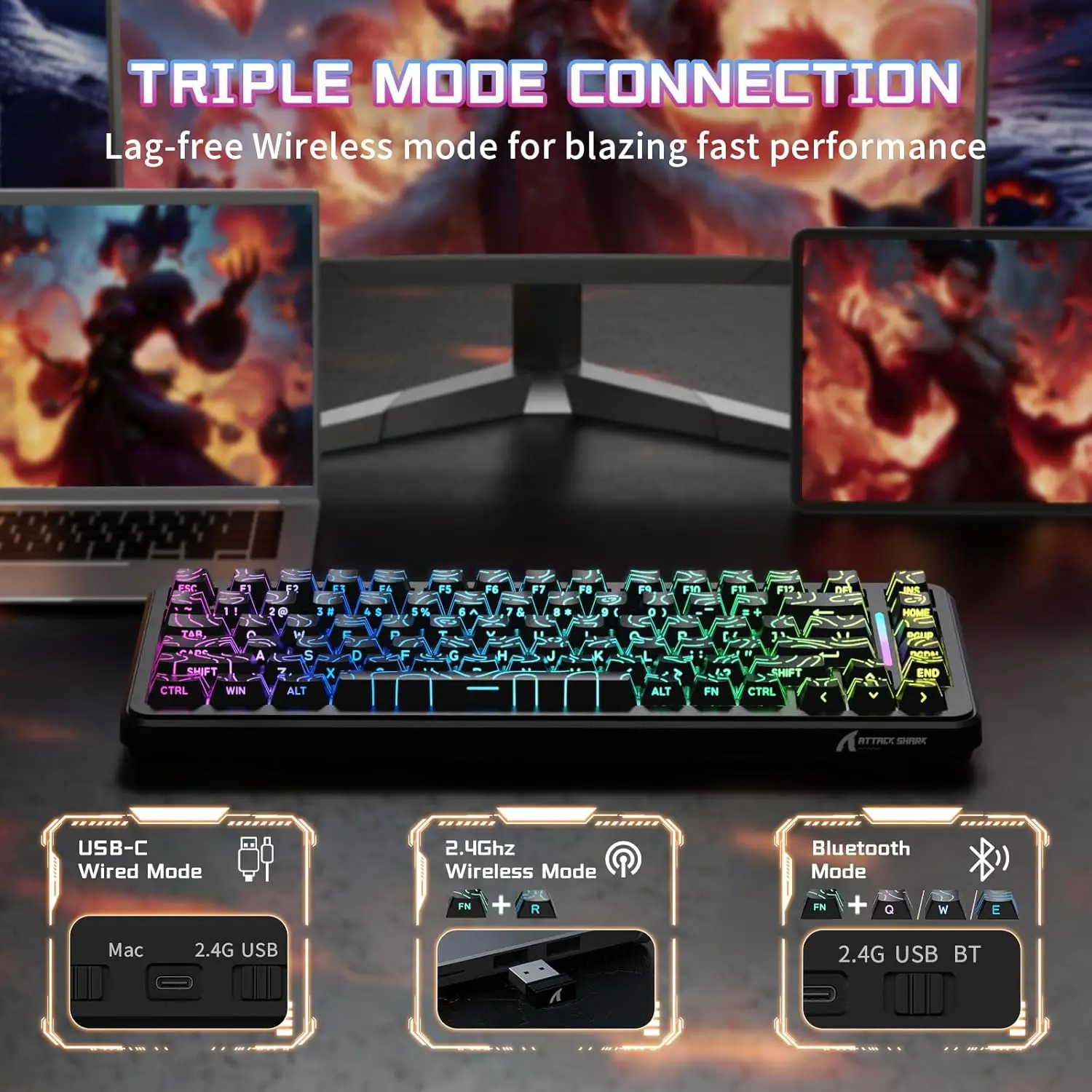 ATTACK SHARK X82PRO HE 75% 무선 고속 트리거 게이밍 키보드, 홀 이펙트 마그네틱 스위치, 8Khz 폴링 속도, 핫스왑, RGB