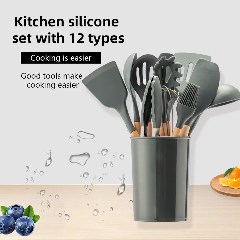 12-piece Set Wooden Handle Silicone Kitchen Utensils Silicone Kitchen Utensils Non-stick Pan Cooking Spatula Baking Storage Tool