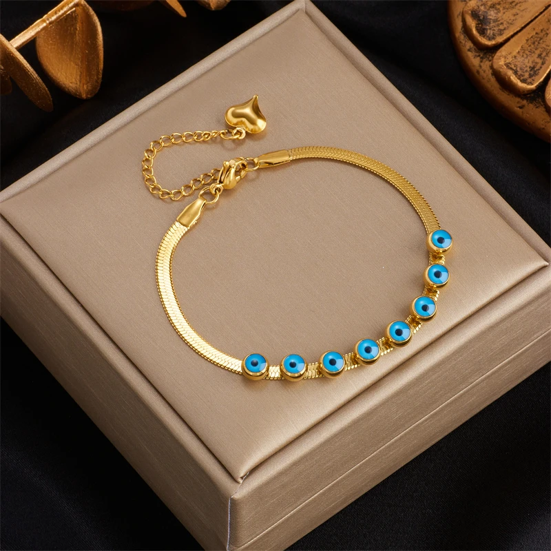 DIEYURO 316L Stainless Steel Blue Eye Pattern Bracelet for Women 2022 Fashion Girls Gold Color Wrist Jewelry Party Gifts Bijoux