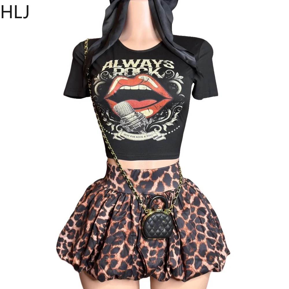 HLJ Y2K Leopard Print Puffy Mini Skirts Two Piece Sets Women O Neck Short Sleeve Crop Top And Skirts Outfits Fashion Streetwear