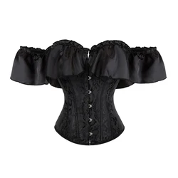 Women Short Puff Sleeve Bustier Jacquard Lace Up Boned Overbust Renaissance Bodice Black Waterfall Corset Top