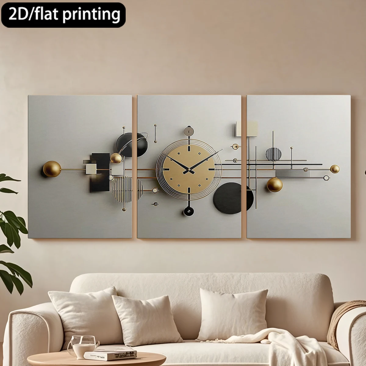 

2D плоская печать, 3-х частная декоративная картина на холсте в деревянной раме, настенные часы, геометрический металлический дизайн. Декор для коридора и спальни.