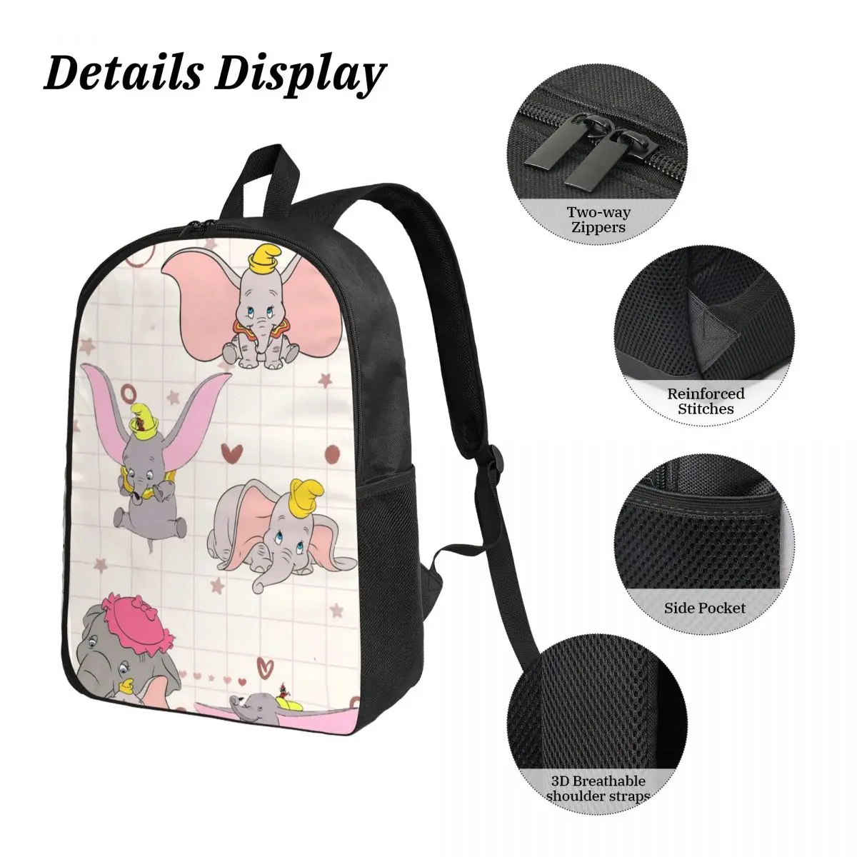 دامبو الكرتون نمط حقيبة الظهر طالب بنين بنات BookBag حقيبة مدرسية حقائب كتف الكمبيوتر 3ps معزول حقيبة الغداء مقلمة