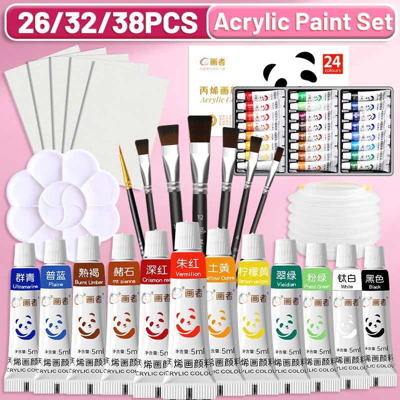 Acrylic Paint Set for Beginners,High Quality,24/18/12 Colors,5ml/0.18oz with Canvas,Brushes,Palette,Etc,for Glass,Wall,Wood,Eggs
