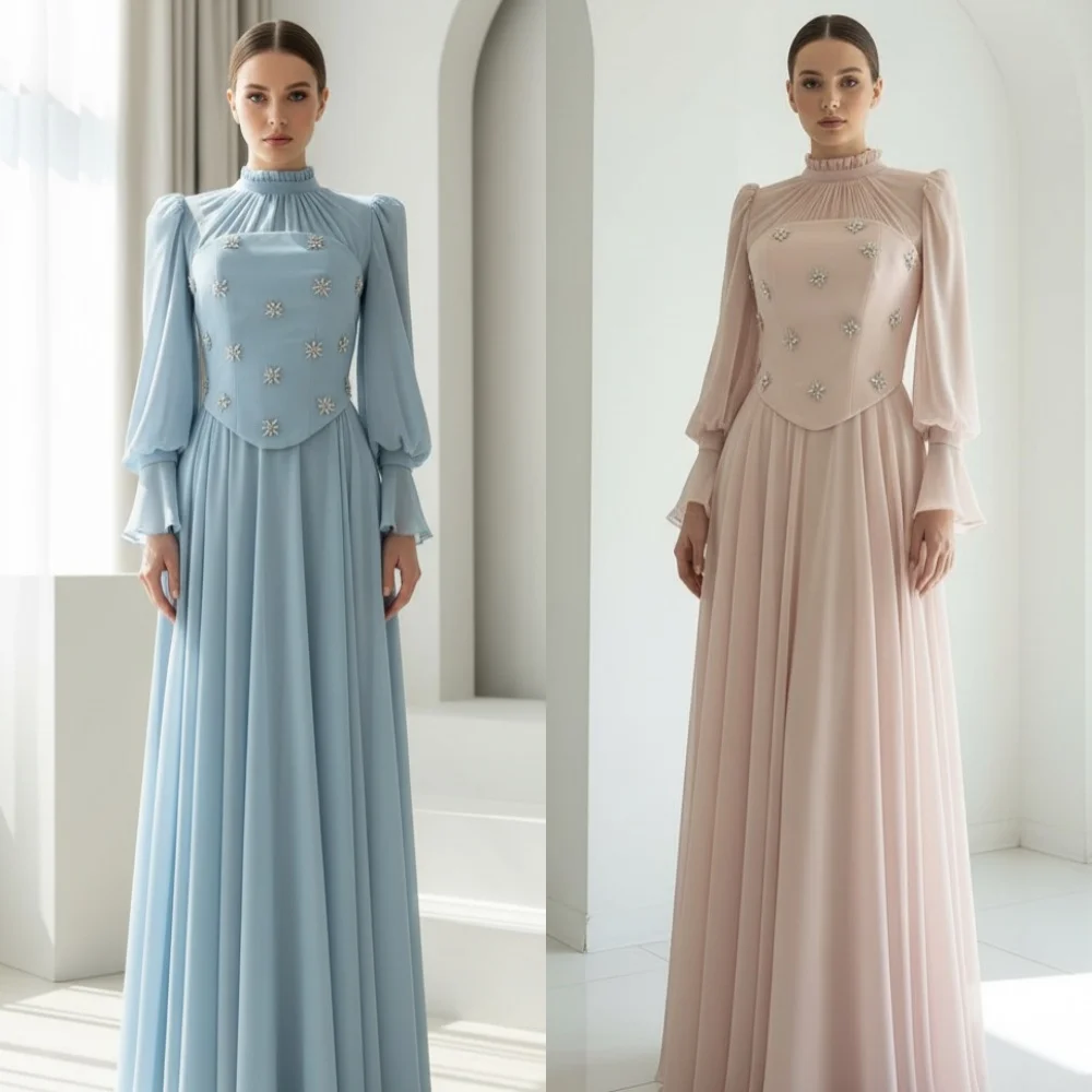 ชุดเดรสยาวคอสูงทรงเอประดับเลื่อมผ้าชีฟองสุดหรูที่ออกแบบตามสั่งสำหรับโอกาสพิเศษสไตล์คนดังที่ทันสมัยแบบเป็นทางการ