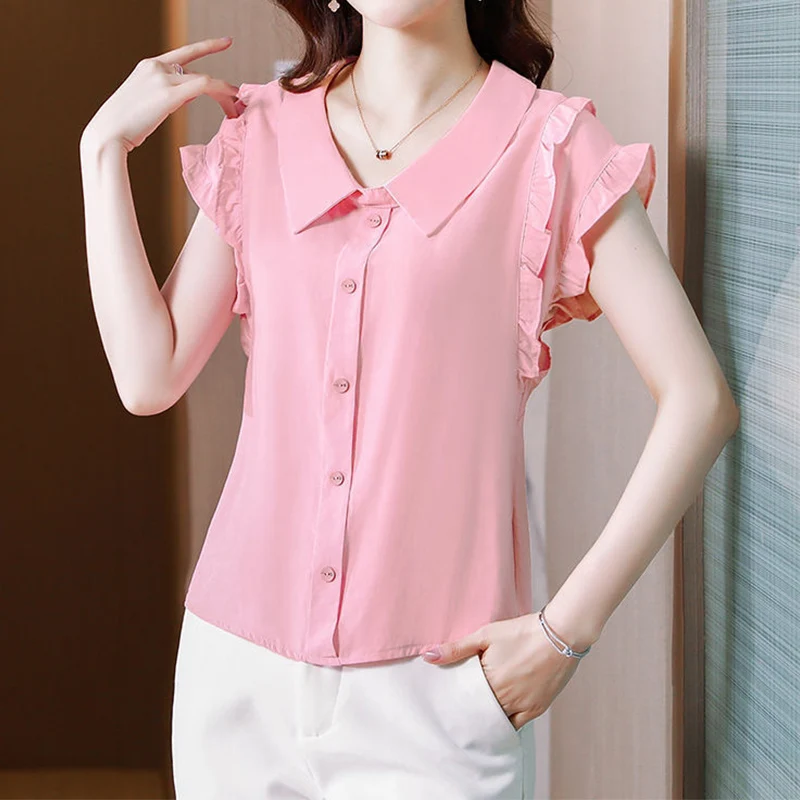 Elegant Fashion Solid Ruffles Buttons Chiffon Shirt Summer 2024 New Peter Pan Collar Short Sleeve Loose Blouse Women\'s Clothing