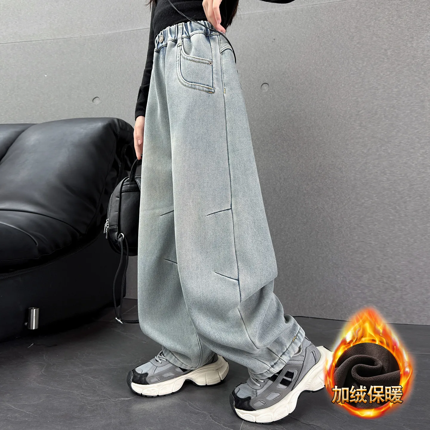 Celana Jeans Fleece Anak Perempuan Musim Gugur Musim Dingin Kasual Retro Banana Denim Celana Panjang Fashion Anak Pinggang Elastis Berinsulasi Melengkung Usia 4-14 tahun