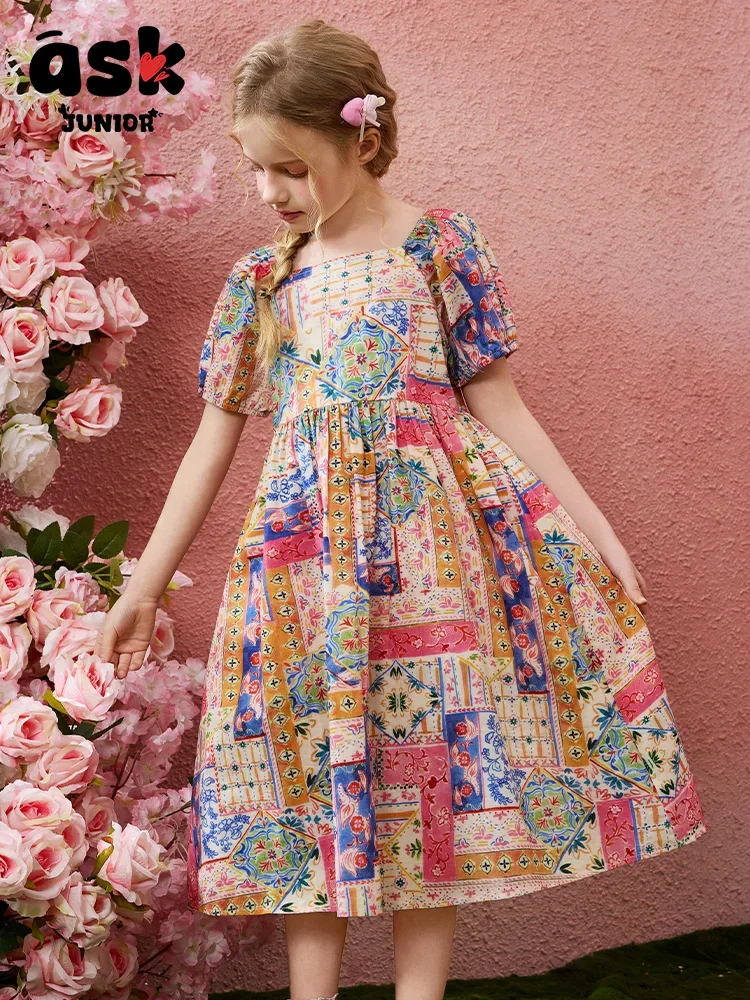 فستان صيفي للأميرات من ASK Junior Tween للفتيات قابل للتنفس بألوان متباينة وأكمام فقاعية #3