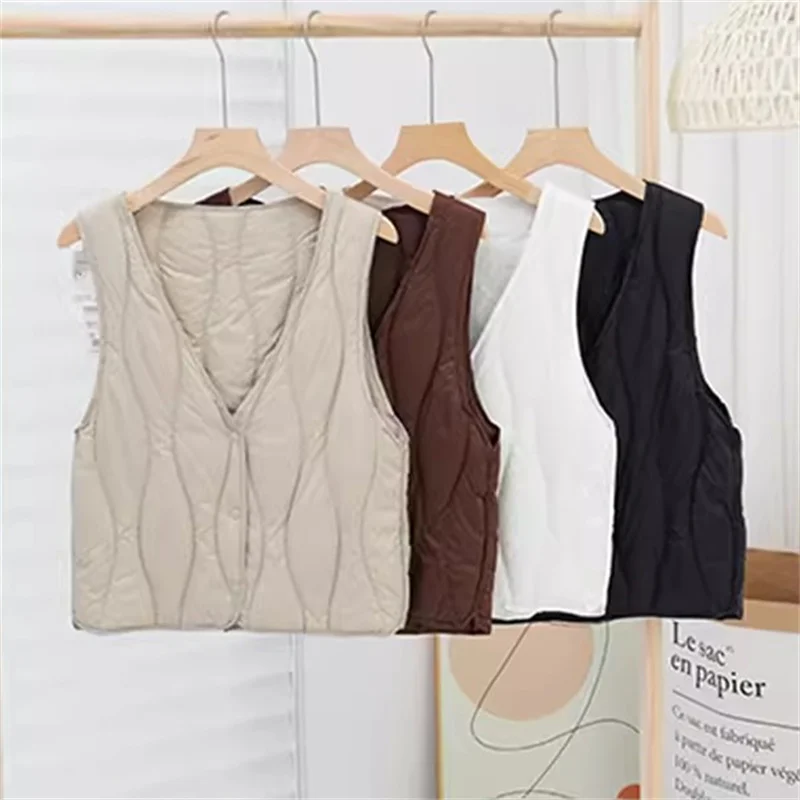 

Autumn Winter Warm V Neck Down Waistcoat Jacket Women Ultra Light White Duck Down Vest Coat Ladies Sleeveless Short Tank Parkas