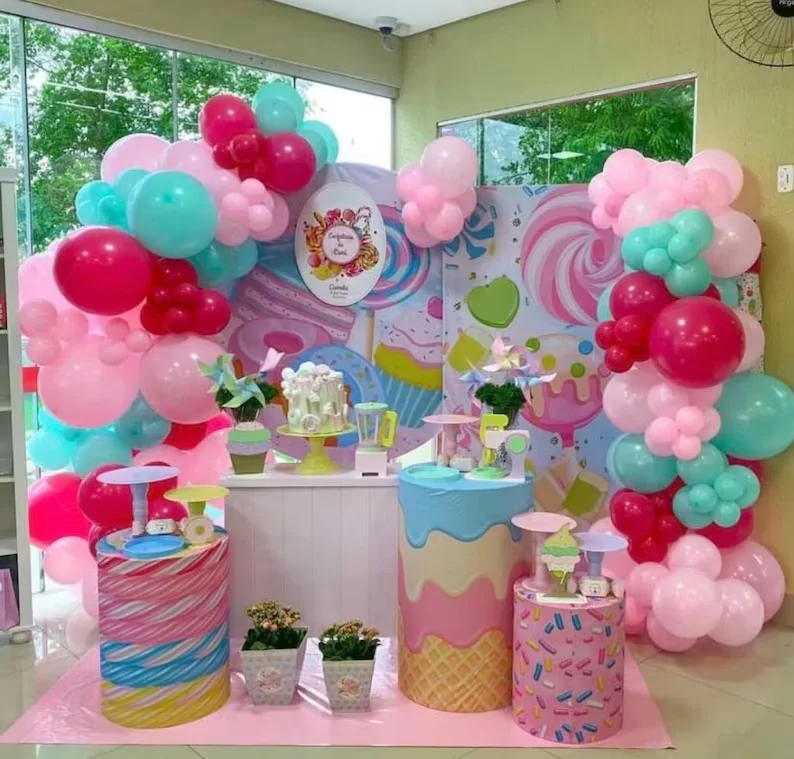 Mehofond Cupcake ArchฉากหลังครอบคลุมSweet Candyวันเกิดเด็กโดนัทสีชมพูฐานกระบอกอาบน้ําเด็กเด็กFesta Decor