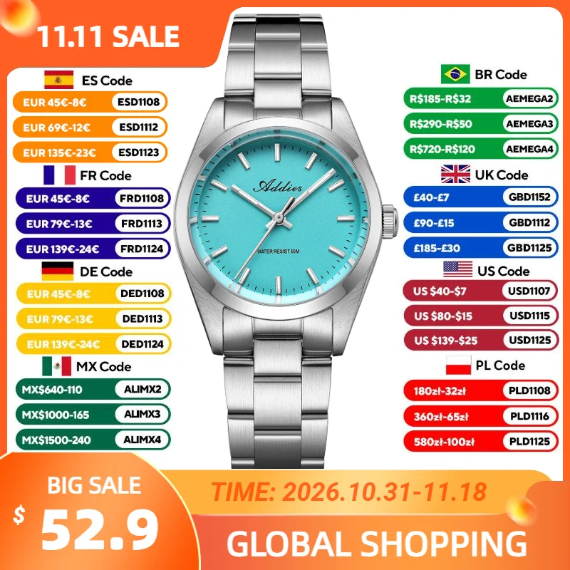 ADDIES Japan 2035 Quartz Women Watches New Luxury 50m Waterproof Sport Sapphire Glass 316L Stainless Steel Wristwatch Luminous