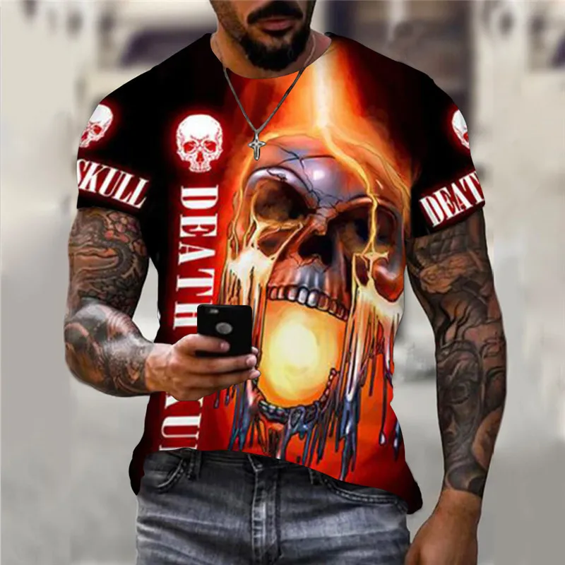 Horror Skulls 3D Fashion Printed Men T-Shirts Short Sleeve Death Skull Letter Gothic T Shirt 6XL Plus Size Loose Casual Tops Tee