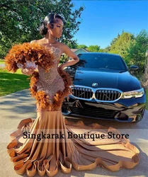 Sparkly Diamonds Prom Dress For Black Girls Sheer Mesh Glitter Bead Crystal Feathers Gown Birthday Party Gown  Customized
