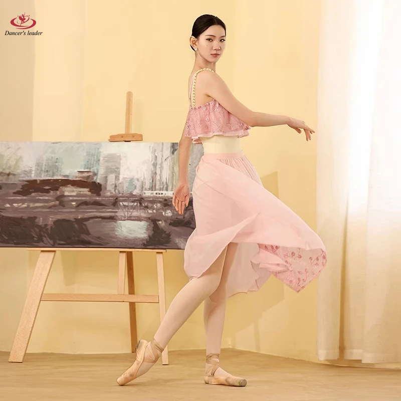 บัลเล่ต์ Leotard สําหรับผู้หญิงฝึกชุดยิมนาสติกชุดผู้ใหญ่ชุดโยคะลูกไม้ Splicing ชุดชีฟองยาว