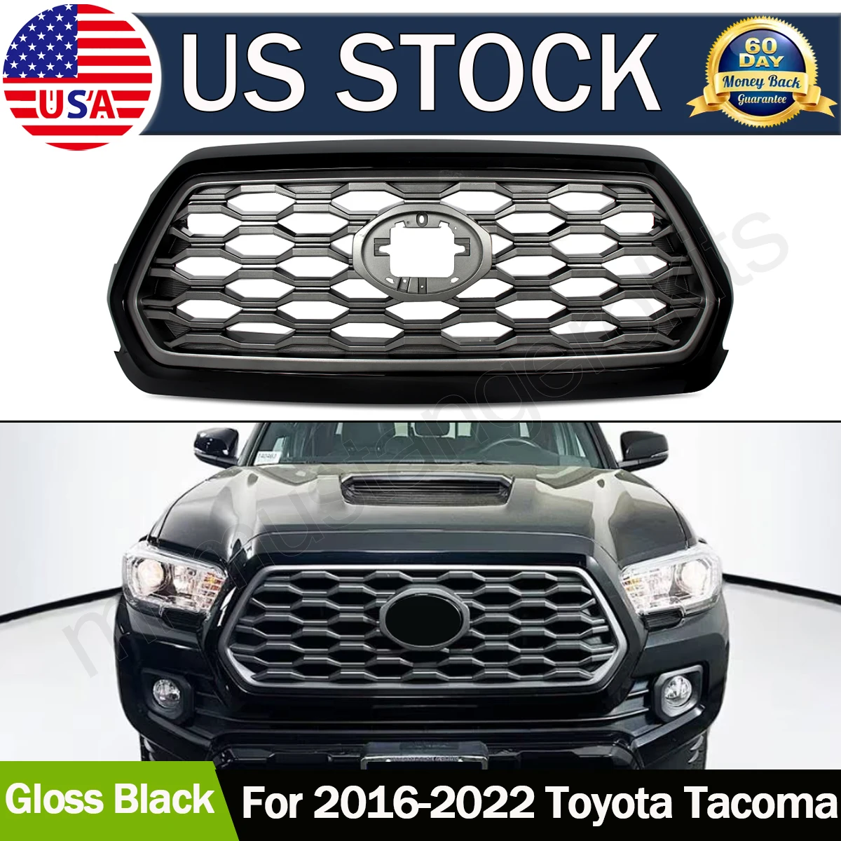 

Magickit TRD Honeycomb Syle Front Grills For Toyota Tacoma 2016-2023 2021 Front Bumper Grille Assembly Gloss Black with Gray